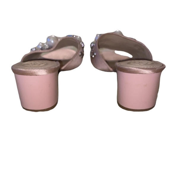 Guess Dancerr Embellished Pearl Crystal Blush Pink Block Heel Sandals - 8 - Picture 9 of 16